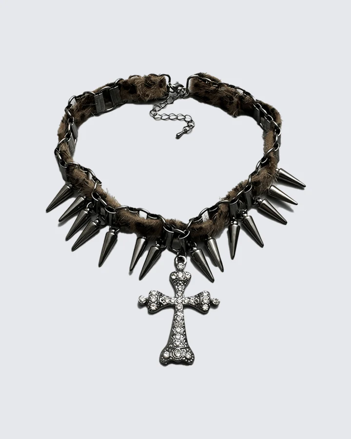 Faux Fur Spiked Cross Pendant Punk Choker