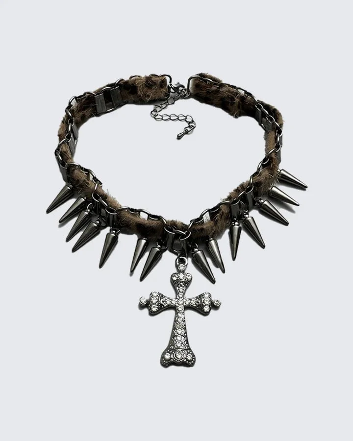 Faux Fur Spiked Cross Pendant Punk Choker