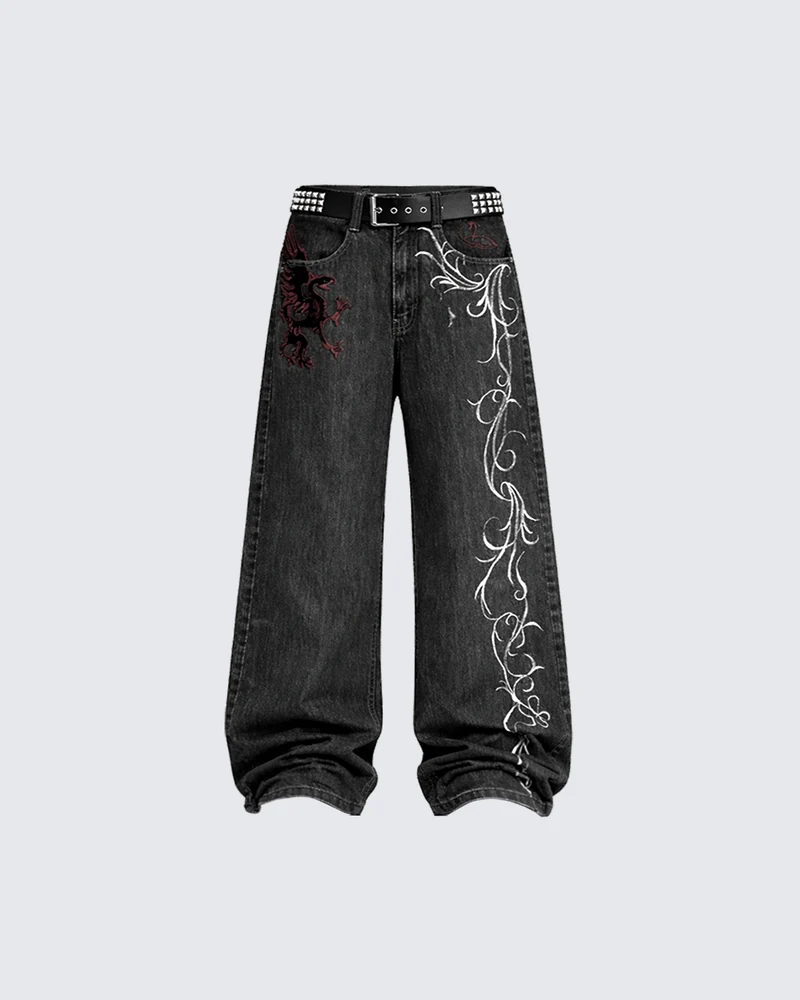Dragon Embroidery Gothic Loose Denim Pants