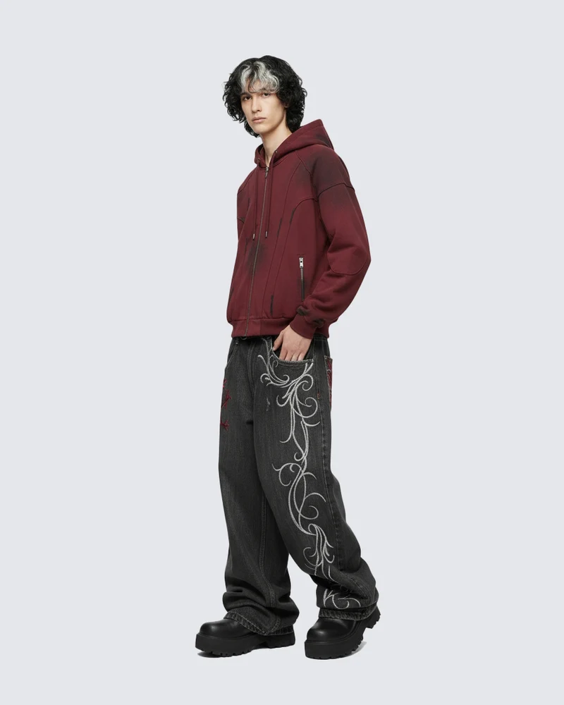 Dragon Embroidery Gothic Loose Denim Pants