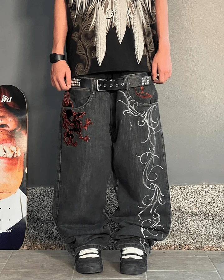 Dragon Embroidery Gothic Loose Denim Pants