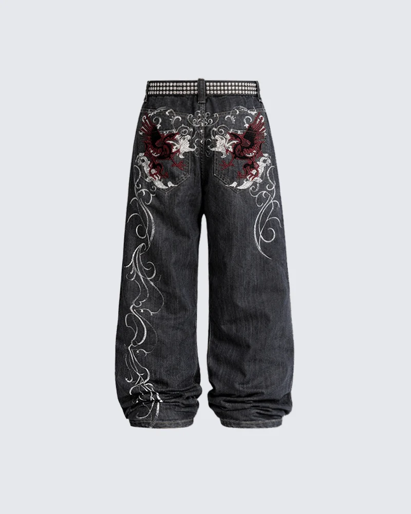 Dragon Embroidery Gothic Loose Denim Pants