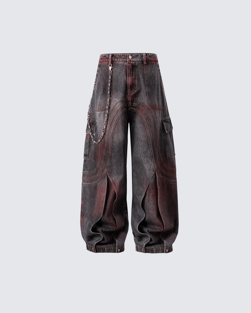 Red Fade 3D Panel Wide-Leg Denim Pants