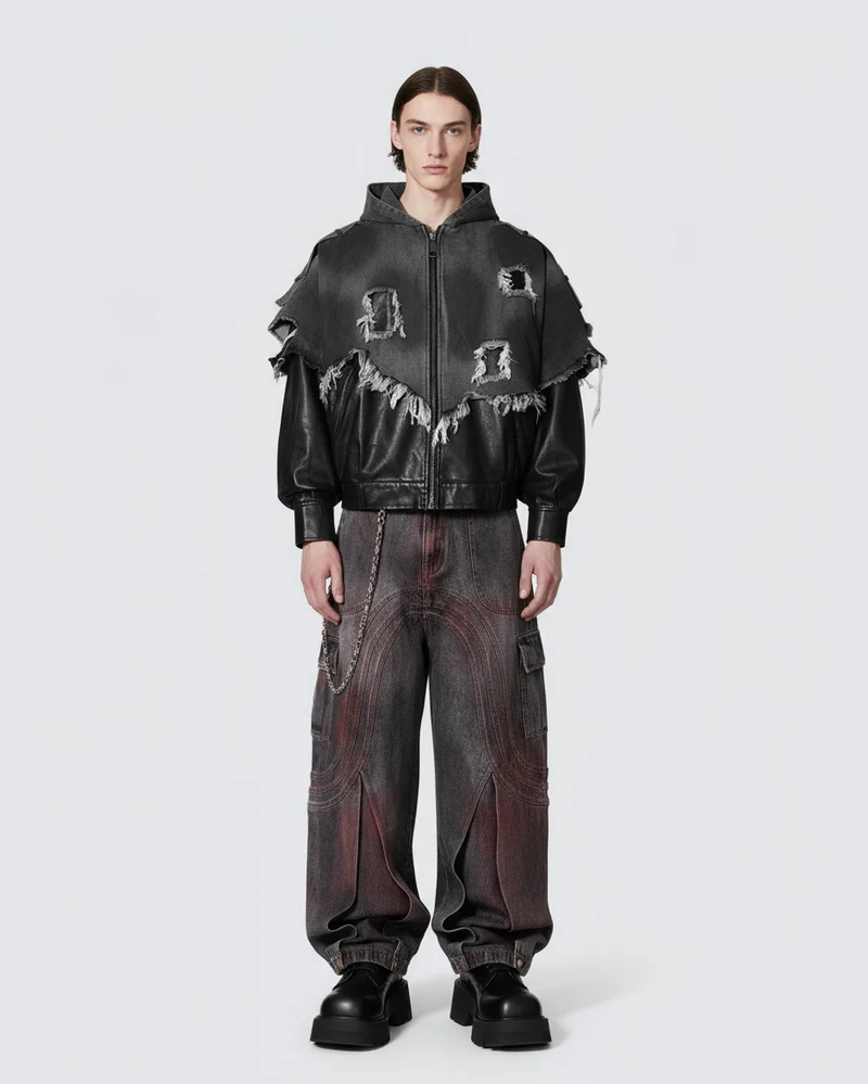 Red Fade 3D Panel Wide-Leg Denim Pants