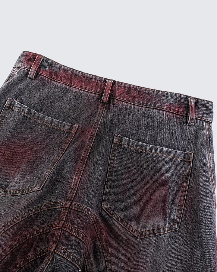 Red Fade 3D Panel Wide-Leg Denim Pants