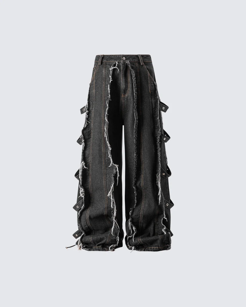 Frayed Patchwork Wide-Leg Denim Pants