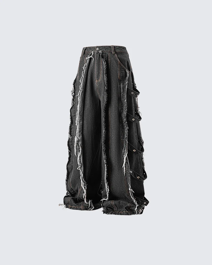Frayed Patchwork Wide-Leg Denim Pants