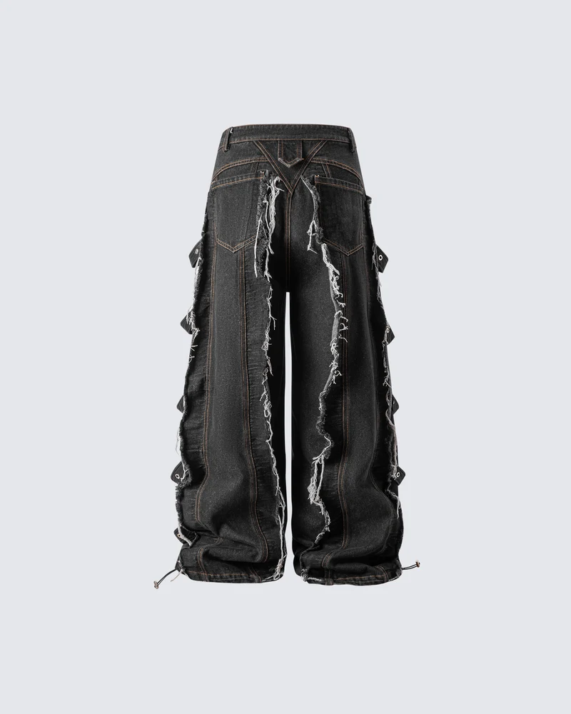 Frayed Patchwork Wide-Leg Denim Pants