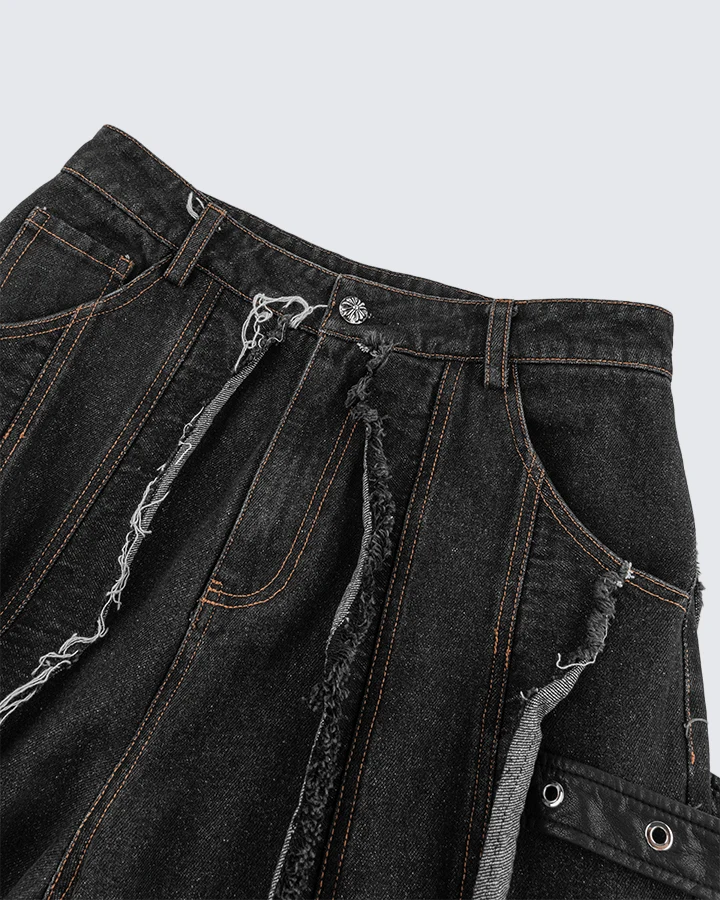 Frayed Patchwork Wide-Leg Denim Pants