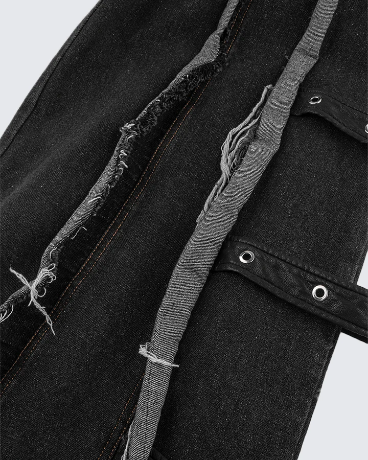 Frayed Patchwork Wide-Leg Denim Pants