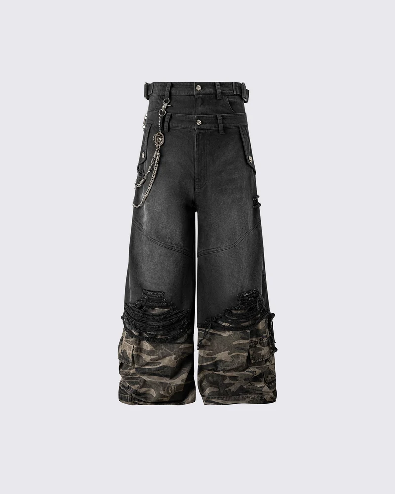 Double-Waist Camo Patchwork Distressed Wide-Leg Pants