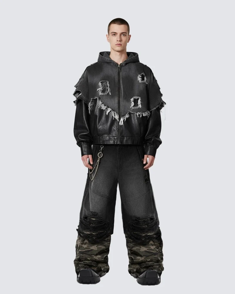 Double-Waist Camo Patchwork Distressed Wide-Leg Pants