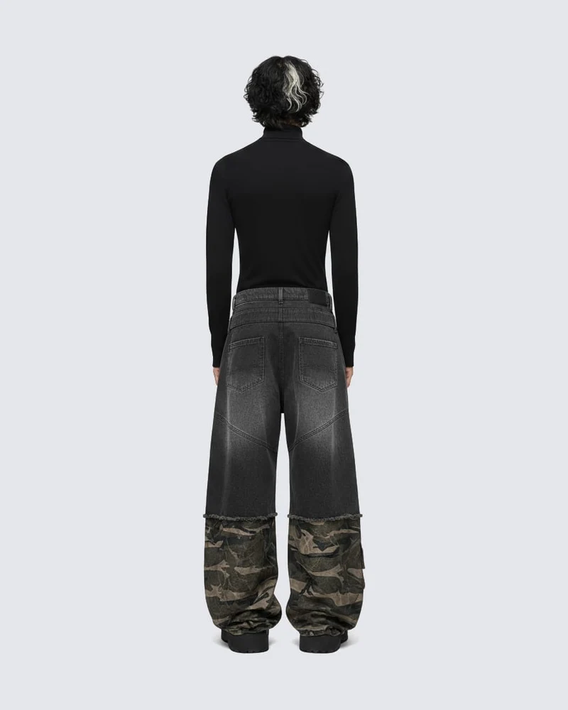 Double-Waist Camo Patchwork Distressed Wide-Leg Pants