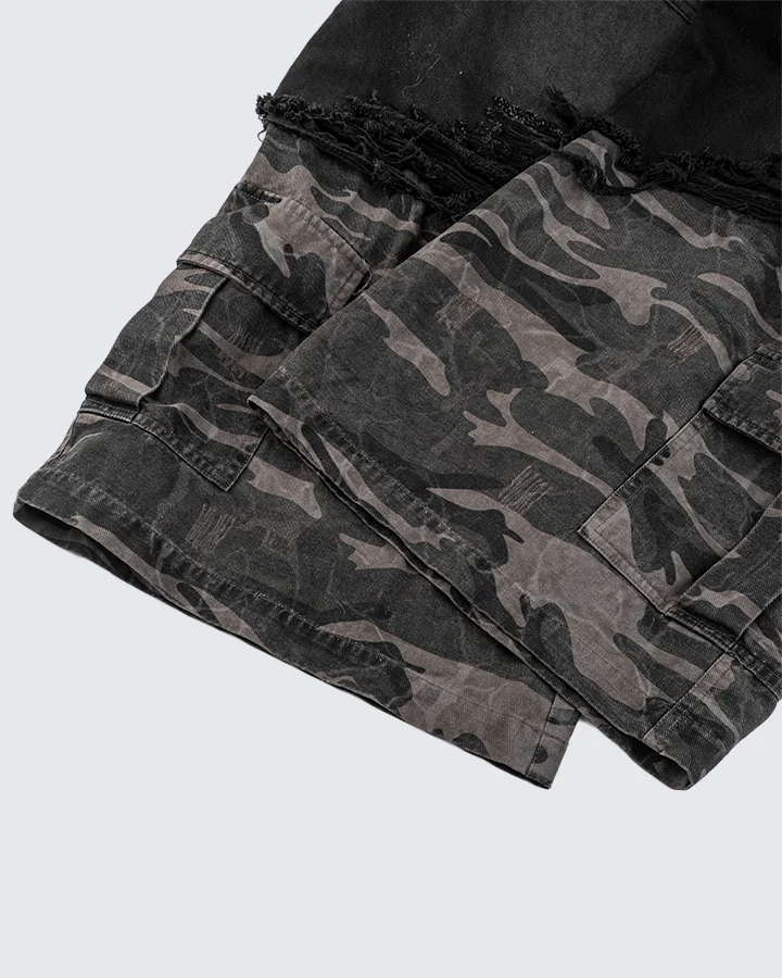 Double-Waist Camo Patchwork Distressed Wide-Leg Pants