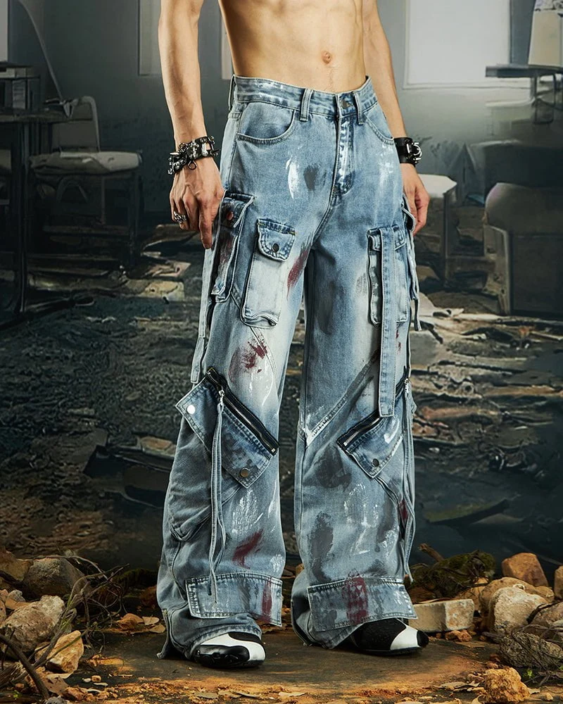 Deconstructed Graffiti Strap Cargo Jeans
