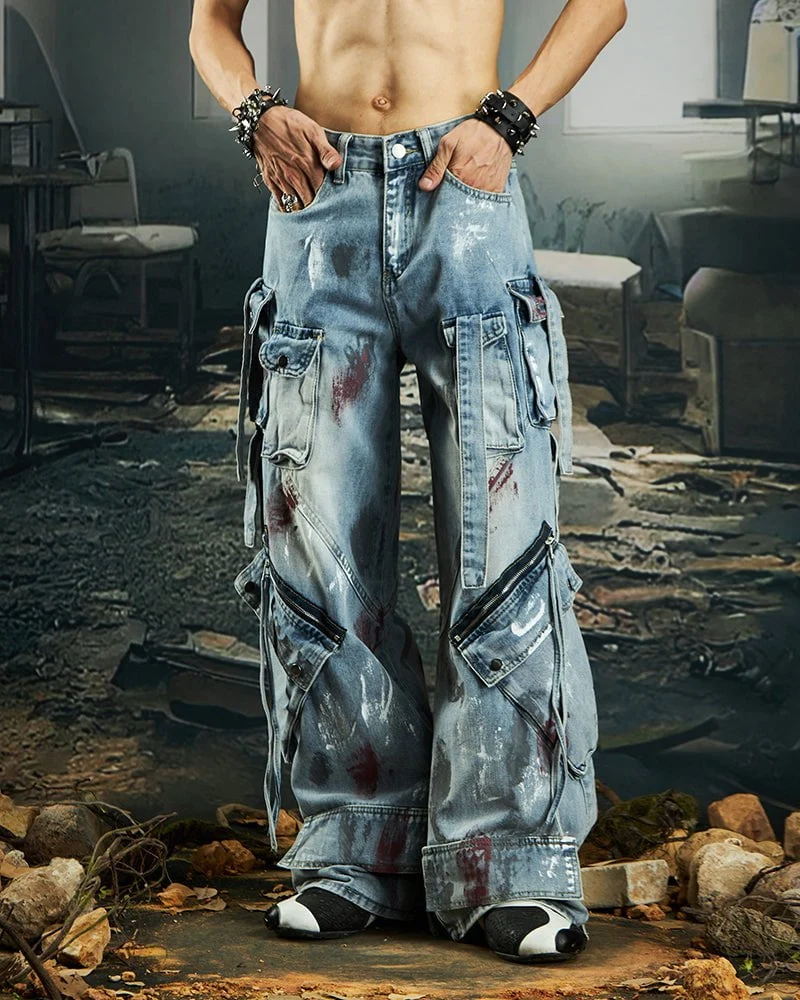 Deconstructed Graffiti Strap Cargo Jeans