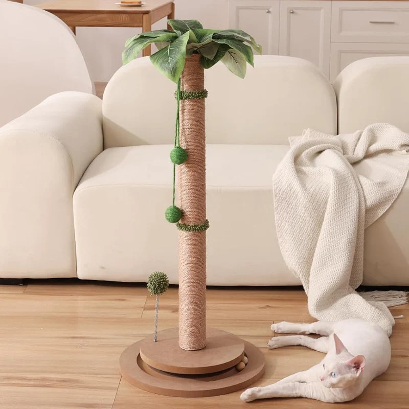 Kratzbaum Modern, Sisal Simulation einer Kokospalme, Hochwertiger Katzenkratzbaum mit interaktivem Cat-Drehteller & Sisalbälle