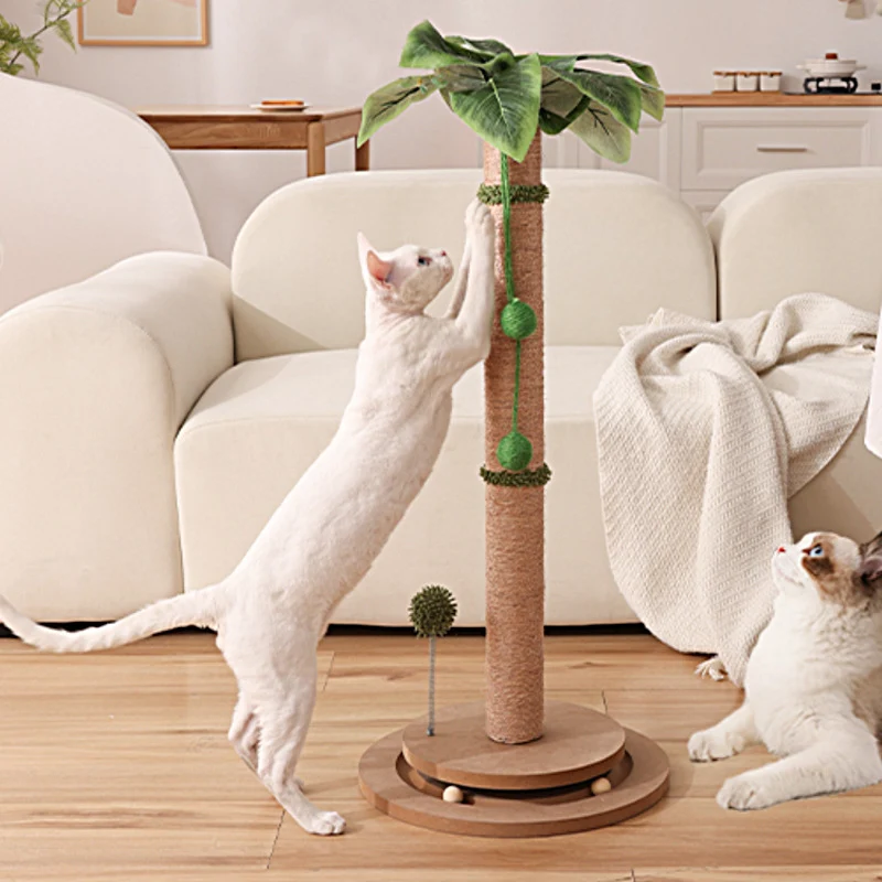 Kratzbaum Modern, Sisal Simulation einer Kokospalme, Hochwertiger Katzenkratzbaum mit interaktivem Cat-Drehteller & Sisalbälle