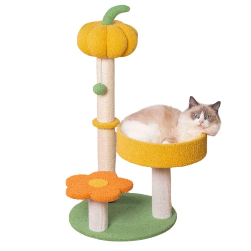 Moderner Kratzbaum, Stabiler Kürbisförmiges Kratzsäule & Katzenbett, Hochwertige Katzenklettergerüst, Interaktives Katzenball