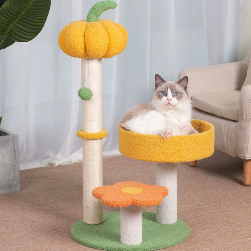 Moderner Kratzbaum, Stabiler Kürbisförmiges Kratzsäule & Katzenbett, Hochwertige Katzenklettergerüst, Interaktives Katzenball