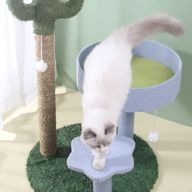 Kratzbaum Modern, Kaktusform Sisal-Kratzbaum, Stylischer Grün & Blau, Multifunktionales, Ruheplatz für Ihre Katze