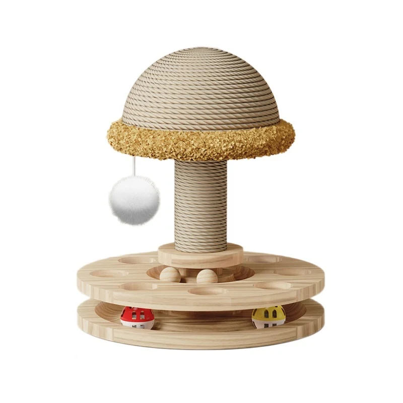 Kratzbaum Holz, Pilzform Katzenkratzbaum aus Massivholz mit Drehplattform & interaktivem Ball für zufriedene Katzen