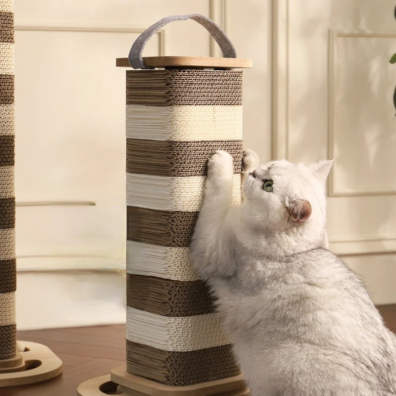 Moderner Kratzbaum, Dicker Wellpappe mit Spielball aus massivem Holz, Höhenverstellbar & Tragbar, für Katzen aller Größen