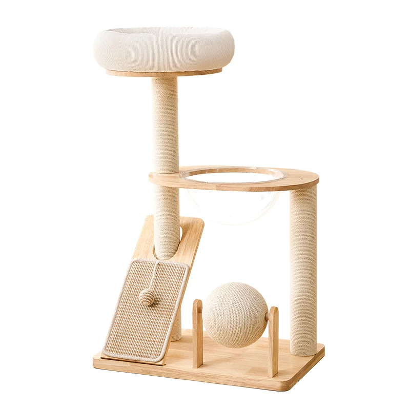 Kratzbaum groß, Geräumiger Katzenkletterbaum aus Massivholz, mit Katzenbett & Katzenkratzbrett für gesunde Krallenpflege