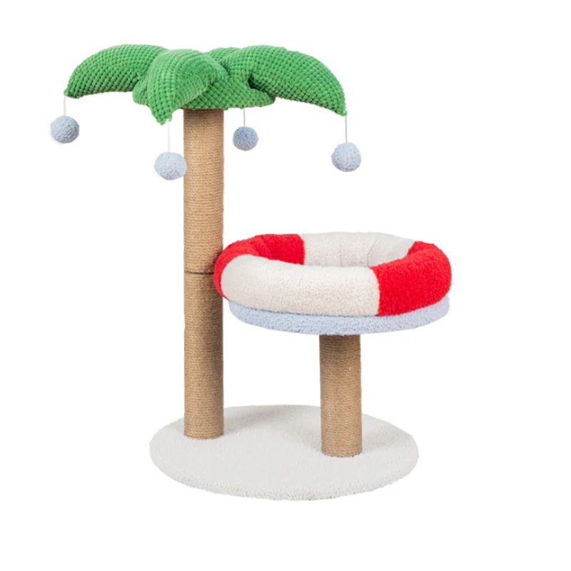 Kratzbaum mit Liegemulden, Kokosnussbaum Katzenkratzbaum mit Katzenbett im Rettungsring Design, Farbige Dekoration