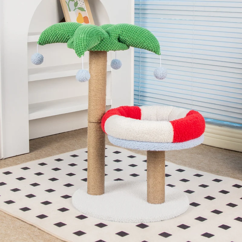 Kratzbaum mit Liegemulden, Kokosnussbaum Katzenkratzbaum mit Katzenbett im Rettungsring Design, Farbige Dekoration