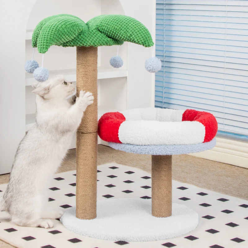 Kratzbaum mit Liegemulden, Kokosnussbaum Katzenkratzbaum mit Katzenbett im Rettungsring Design, Farbige Dekoration