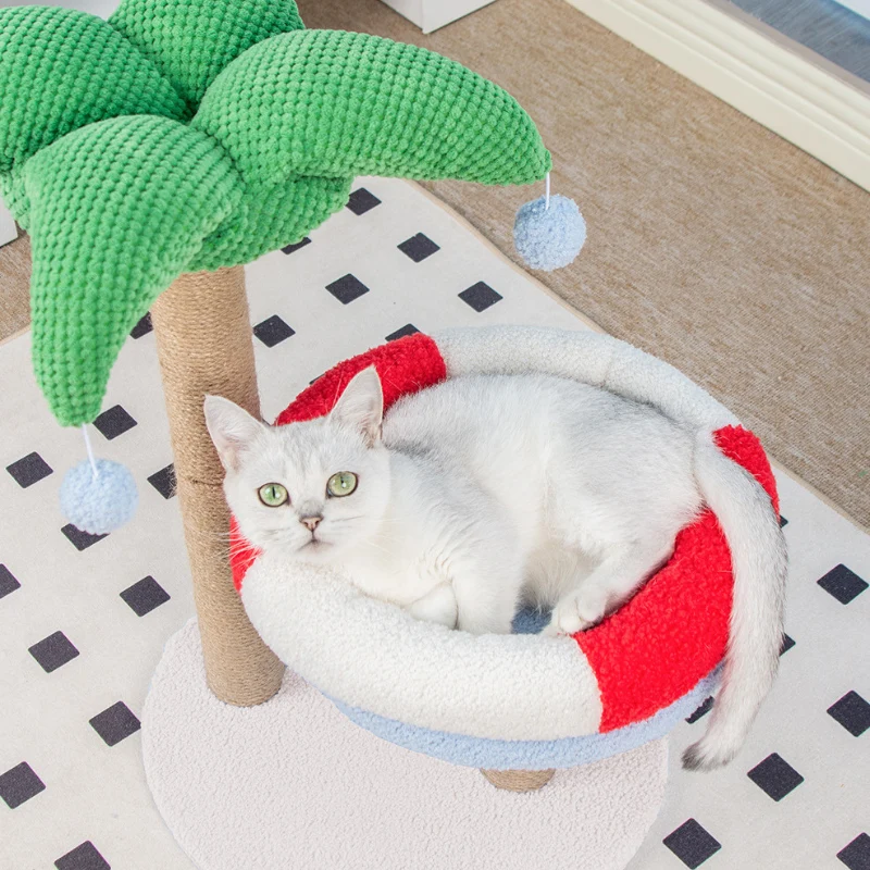 Kratzbaum mit Liegemulden, Kokosnussbaum Katzenkratzbaum mit Katzenbett im Rettungsring Design, Farbige Dekoration