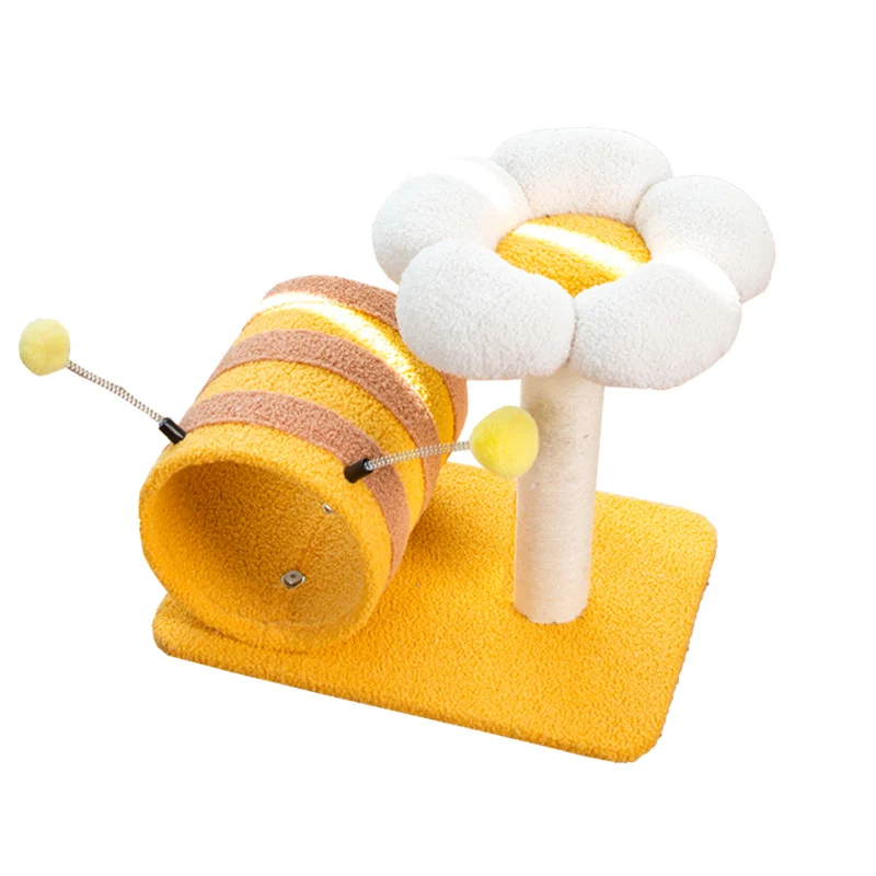 Liegefläche Kratzbaum mit Plüschspielzeug, Bienen-Themen, Multifunktionaler Katzenbaum mit Katzenbett und Tunnel