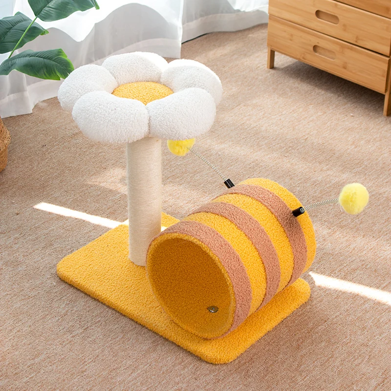 Liegefläche Kratzbaum mit Plüschspielzeug, Bienen-Themen, Multifunktionaler Katzenbaum mit Katzenbett und Tunnel