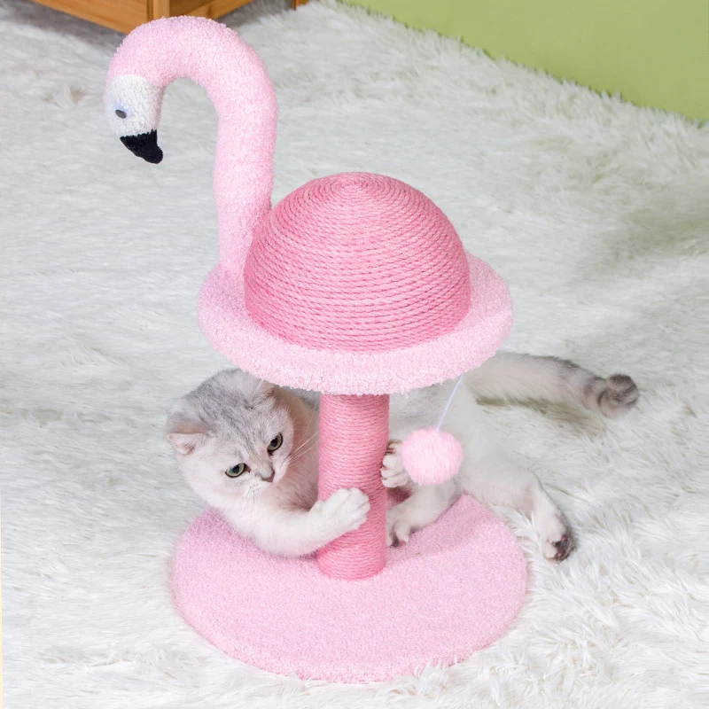 Schöne Kratzbaum im Flamingo Design, Katzenkratzmöbel mit Interaktives Spielzeug für Katzen, Rosa