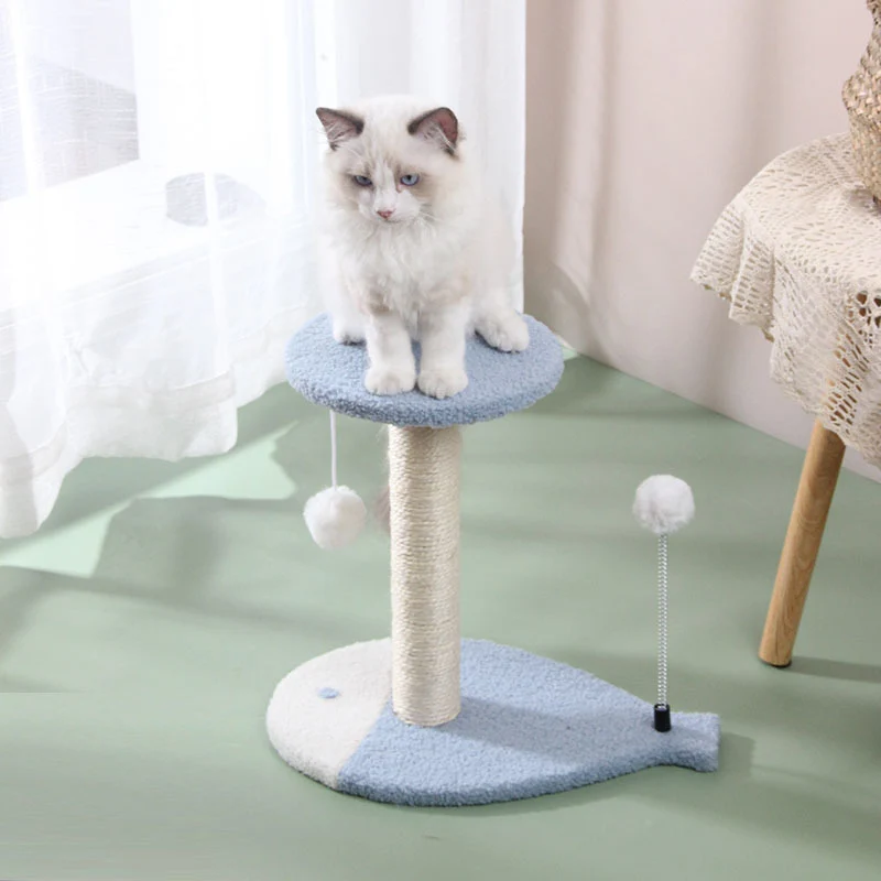 Katzenkratzbaum mit Spielzeug, Katzenkratzmöbel mit Fischförmigem Boden und Interaktivem Ballspielzeug, Natur-Sisal