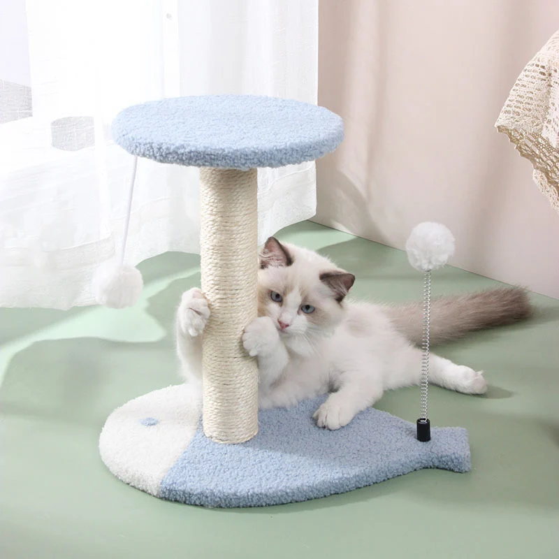 Katzenkratzbaum mit Spielzeug, Katzenkratzmöbel mit Fischförmigem Boden und Interaktivem Ballspielzeug, Natur-Sisal