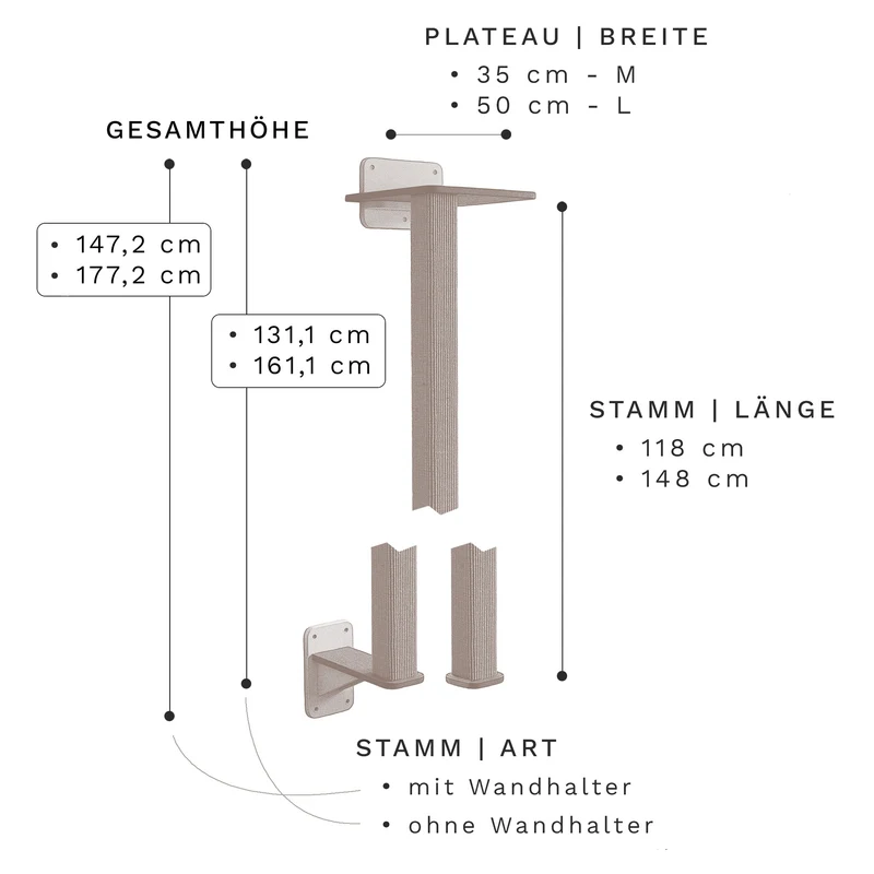 Vollpfosten schwebend | KLETTER-KRATZSTAMM aus Sisal für Katzen - Kratzsäule 78cm, 98cm, 118cm, 148cm