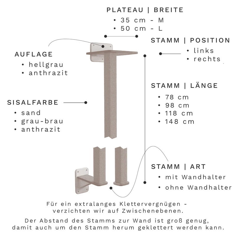 Vollpfosten bodenständig | KLETTER-KRATZSTAMM aus Sisal für Katzen - Kratzsäule 78cm, 98cm, 118cm, 148cm