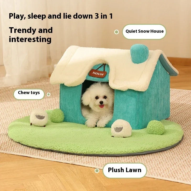 Creative Cute Cartoon Warm Pet Bed House And Plush Lawn With Multiple Dog Chew Toys